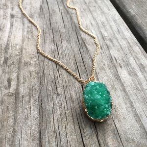 Green Druzy Quartz Crystal Dainty Gold Necklace